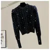 New design women's o-neck luxury design beading puff long sleeve knitted sweater tops jumpers
