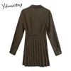 Yitimuceng vintage knäppas upp hög midja mini klänningar kvinnor A-line notched solid kläder vår fransk mode klänning 210601
