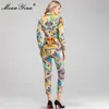 Ensemble de créateurs de mode automne femmes costume à manches longues hauts + 3/4 pantalons baroque vintage imprimé joli ensemble deux pièces 210524