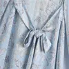 Za Print Hemdkleid Frauen Langarm geknotet Sky Blue Midi Kleider Chic Button Up Side Vents Frau Vintage Sommerkleid 210602
