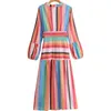 Kvinnor Vintage Striped Summer Dress Långärmad V-Neck Sashes Bow Tie A-Line Es Kvinna Elegant Street Mid-Calf 210513