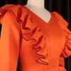 Casual Dresses Office for Ladies 2021 Formell Orange Ruffles High Waist Bodycon Mid Calf Elegant Work Business Pences Dress Midi Ol