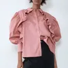 Mulheres Ruffle Camisa Mola Moda Manga Longa Poplin Soft Pink Tops Moderna Senhora Solta Blusa 210602