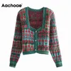 Aachoee Women Floral Cardigan Cardigan Camisola Pescoço Pescoço Elegante Cropped Tops Lady Manga Longa Suéter Pull Femme Hiver 210413