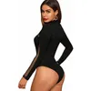 Women High Neck Plus Size Jumpsuit Geometric Bodysuit Ladies Fashion New Mesh Long Sleeve Leotard Tops Y0927