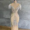 Luxury Silver Rhinestones Lång Kvällsklänning O Neck Tulle Beaded Nude Foder Mermaid Evening Gown Pageant Couture