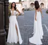 Sexig strand Boho bröllopsklänning 2021 med hög slits keps Sleeve se-genom Applique Chiffon Bride Gowns Vestido de Noiva