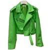 Lautaro Y2K Kısa Yeşil Gecko Biker Deri Ceket Uzun Kollu Fermuar Kemer Kadınlar için Renkli Şık Giyim Moda 211110