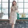 Autum Koreaanse elegante kantoor ol potlood jurk vrouwen slanke single-breasted schede jurken zakelijke werk bodycon vestidos met sjerpen 210529