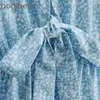 ファッション夏の女性の青い花の弓Vネック半袖レディースミニドレスvestidos都市衣装ホリデードレス210604