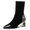 İnce Kısa Çizmeler Kadın Orta Buzağı Önyükleme Elastik Kumaş Rhinestone Kare Topuk Bayan Kış Ayakkabı Kadın Footware Siyah