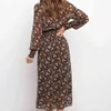 Imprimé floral Boho hiver longue robe femmes manches basique a-ligne en mousseline de soie dames Vestidos 210427