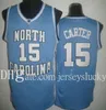 UNC Jersey Broderishorts North Carolina #15 Vince Carter Blå Vit Sydda NCAA College Basketball Tröjor