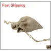 Zakjes 7x9cm dubbele laag hoge Quanlity Natural Linen dstring sieraden zakje cadeau hessian bruiloft gunst jute tassen jute pakket aqtkk lphuj