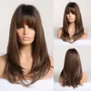 Synthetic Wigs Long Straight For Balck Women Ombre Black Dark Brown Natural Hair With Bangs Heat Resistant Daily