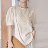Buff Manve Vintage Crochet Lace Blusas e Camisas Mulheres O Neck Embroidery Solta Camisa Tops Vestuário Verão 13745 210512