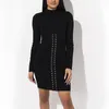 Bodycon Örme Kazak Elbise Rahat Sıcak Kış Dantel Yukarı Ön Vestidos Kadın Giyim Moda Kısa Lady 210427