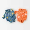 Baby Girl Lovely Jacquard Stor Lapel Coat Strap Triangle Jumpsuit Sweater Two-Piece Set Baby Girl Clothes Set 210701