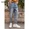 KUEGOU 100% Katoen Herfst Lente Losse Tapered jeans losse enkellange Mannen Harembroek Blauwe Mode Broek Plus Size KK-2903 210524