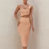 Summer Women One Shoulder Hollow Out Evening Bandage Dress Sexy Sleeveless Apricot Wrap Midi Club Party Lady Dresses 210423