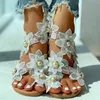 Moda Donna Sandali per il tempo libero Scarpe stile Boemia Spiaggia Vacanze estive Comodi sandali piatti Open Toe Sandali con fiori di perle C0410