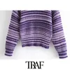 TRAF Dames Mode Gestreepte Gebreide Sweater Vintage Hoge Hals Lange Mouw Vrouwelijke Pullovers Chic Tops 210415