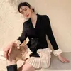 [EWQ] Jesień Female Notched Collar Długi Sleeved Blazer Płaszcz Double Breased Loose Sweet Patchwork Ruffles Suit Top 8Y048 211019