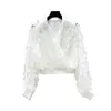Kobiety Czarny Biały Geometryczny 3D Krótki Cropped Koszula Bluzka High Street Turn Down Collar Długi Rękaw Solidny B0412 210514