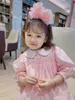 Baby Smocked Dresses For Girls Long Sleeve Kids Pink Smock Embroidery Dress Peter Pan Collar Children Vintage Spanish Clothing 210615