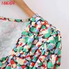 Summer Women Floral Print Midi Square Neck Puff Short Sleeve Ladies Dress Vestidos 5x26 210416