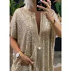 2021 Nowe Kobiety Cekiny T Shirt Summer Casual V Neck Krótki Rękaw Luźne Chic Damskie Tees Gold Sexy Kobiece Topy X0628