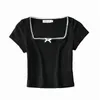 Summer crop top women graphic t shirts vintage korean tops short sleeve cute top elegant black shirts with bow white 210722