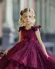 Robes de fille brillant paillettes Pageant robe violette pour enfants robe de bal à plusieurs niveaux fleurs faites à la main formelle fleur fille robes de mariage