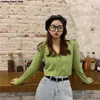 Knitted Crop Cardigan Women Korean Short Sweater Long sleeve V neck Green Blueexpose Waist Clothing 210903