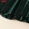 Tangada Mulheres Verde Plissado Midi Saia Botão Decorar Lado Zipper Escritório Senhoras Elegante Chic Meados Vitela Saias QB206 210609