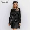 Elegante Bürodame Plaid Rüschen Langarm Mini Streetwear Gerade O-Ausschnitt Herbst Chic Kurzes Partykleid 210414