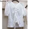 Neploe Bianco Crop Top Donna Estate Sexy Camicette di pizzo Allentato coulisse Blusas Camicie Coreano Moda manica corta Camicetta 210422