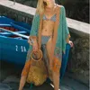 Bohemian vintage blommigryck blå lång design kimono blus Batwing ärm cardigan kvinnors skjorta maxi beach blusas hoiday 210429