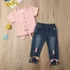 1-5Y Yaz Toddler Çocuk Kız Giysileri Set Yay Örme T Shirt Bandaj Denim Pantolon Kot Kıyafetler 210515