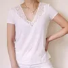 女性のTシャツエレガントな刺繍Tシャツの女性半袖レースVネックブラックホワイトカジュアルシャツ2021綿ヴィンテージルーズティートップサミテ