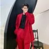 IEFB Men's Clothing Red Temperament Show Ribbon Design Mid Length Suit Coat Single Breasted Long Sleeve Blazer 9Y7073 210524