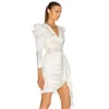 Spring Printed Elegant Women Dress White Sexy V-Neck Belt Ruffle Slim Female Fashion Evening Party Dresses Autumn 210527
