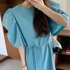 Vintage långa klänningar kvinnor sommar puff ärm vestidos de mujer koreanska chic all match kontor casual damer klänning 210519