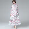 Women's Runway Dress Stand Collar Long Sleeves Printed Striped Lace Piping Elegant Fashion Dresses Vestidos