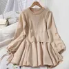 Wohern Jesień Moda Fałszywy Dwa Peides Sukienka Kobiety Dzianiny Kamizelka Patch Koszula Z Długim Rękawem Dresse Korean Robe Cute Mini Vestido 210519