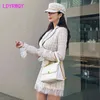autumn and winter Korean temperament lapel gauze stitching double-breasted slim dress 210416