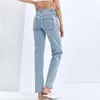 Łańcuch dżinsy dla kobiet Wysoka talia Hollow Out Straight Vintage Casual Blue Denim Spodnie Kobieta Moda Odzież 210521
