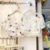 Korobov Primavera Verão Nova Chegada Camisas Coreano Doce Impressão Mulheres Blusas Vintage Elegante Quadrado Collar Blusas Mujer 210430