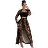 Women's Two Piece Pants Casual Leopard Print Women Set Sexy Long Sleeve O Neck Top Coat With Bandage Vintage Suit Female