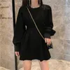 Qweek Black Mini платье весна мода корейский стиль готический гот обертка с длинным рукавом плиссированные платье повседневная упаковка уличные женские женщины 210409